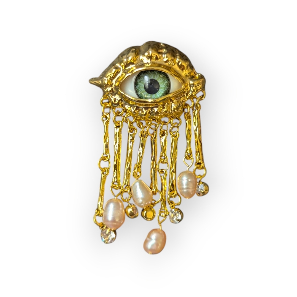 Surrealism Inspired Eye Brooch Goldtone Green Costume Jewelry Whimsical